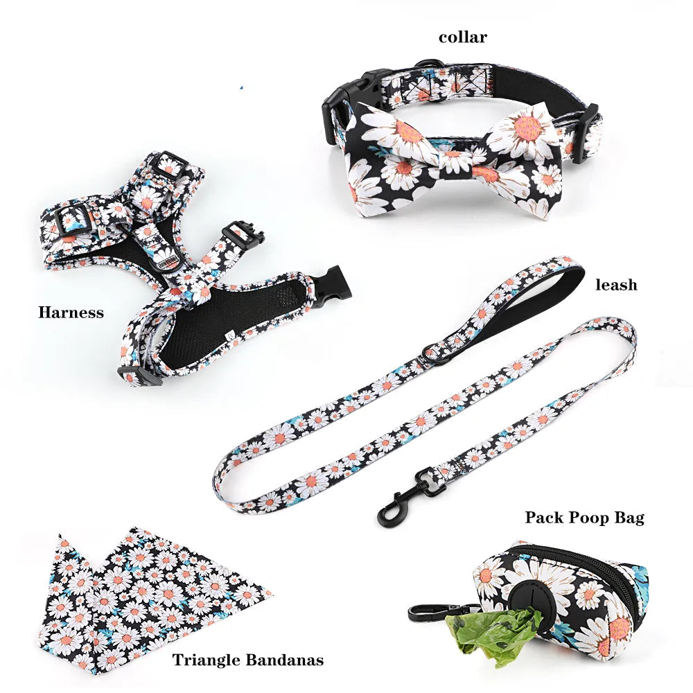 Floral Pattern Matching 5-piece bundle - Harness Leash Collar Bandana Poop Bag