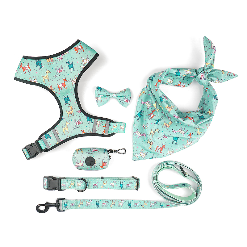 Floral Pattern Matching 5-piece bundle - Harness Leash Collar Bandana Poop Bag