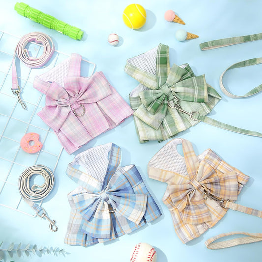 Plaid Harness Dress with Leash for Dogs