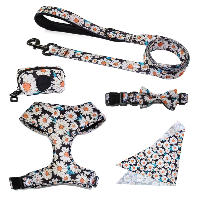 Floral Pattern Matching 5-piece bundle - Harness Leash Collar Bandana Poop Bag
