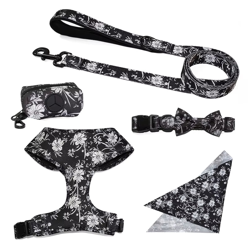 Floral Pattern Matching 5-piece bundle - Harness Leash Collar Bandana Poop Bag