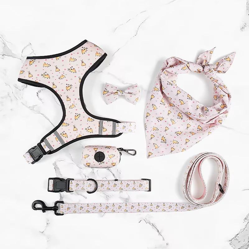 Floral Pattern Matching 5-piece bundle - Harness Leash Collar Bandana Poop Bag