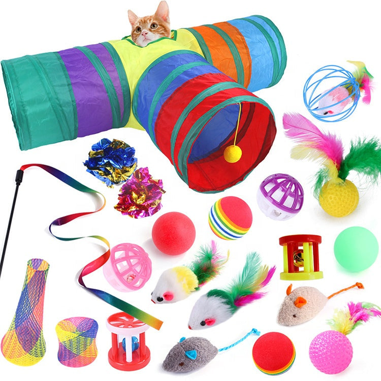 21-Piece Interactive Cat Toy Set with Rainbow Tunnel, Feather Toys & Balls