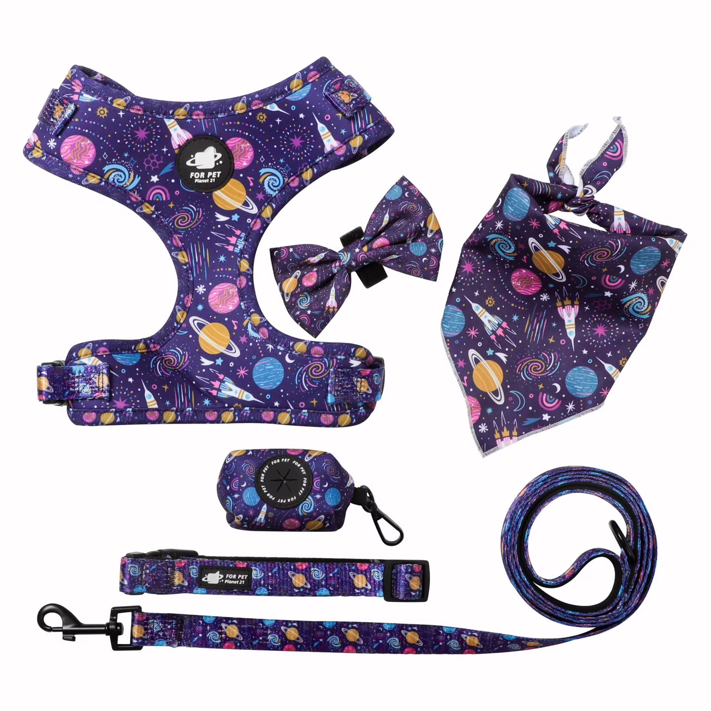 Floral Pattern Matching 5-piece bundle - Harness Leash Collar Bandana Poop Bag