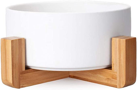 Modern Ceramic Pet Bowl with Bamboo Frame