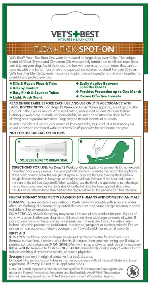 Vet's Best Flea and Tick Spot-on Drops Topical Treatment for Dogs, USA Made