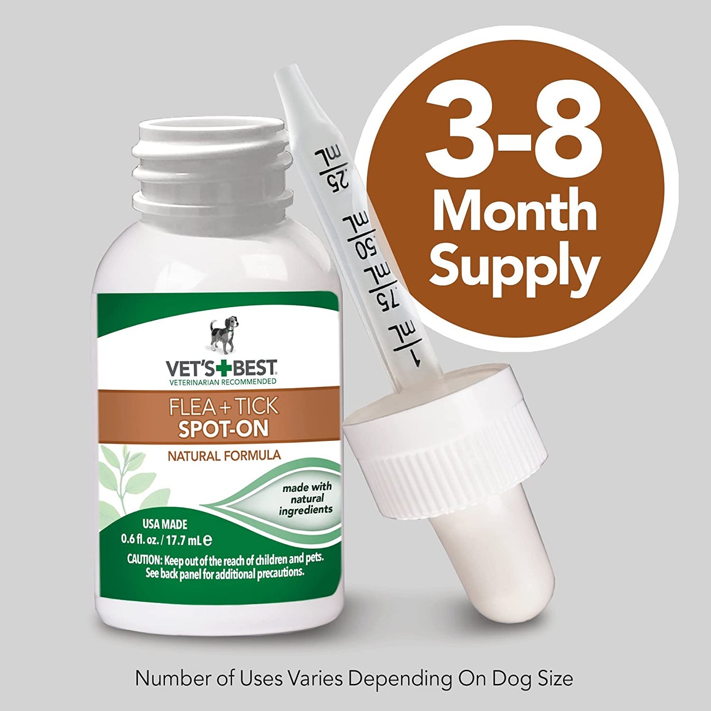Vet's Best Flea and Tick Spot-on Drops 0.6 fl. oz. | 3-8 Month Supply for Various Dog Sizes