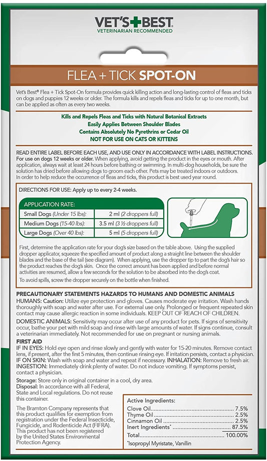 Vet's Best Flea and Tick Spot-on Drops 0.6 fl. oz. | 3-8 Month Supply for Various Dog Sizes