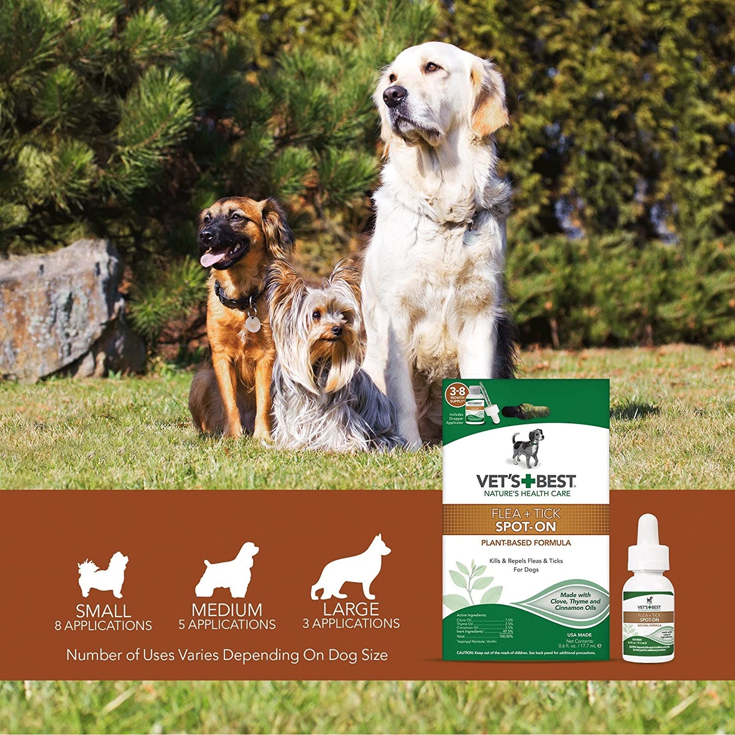 Vet's Best Flea and Tick Spot-on Drops 0.6 fl. oz. | 3-8 Month Supply for Various Dog Sizes