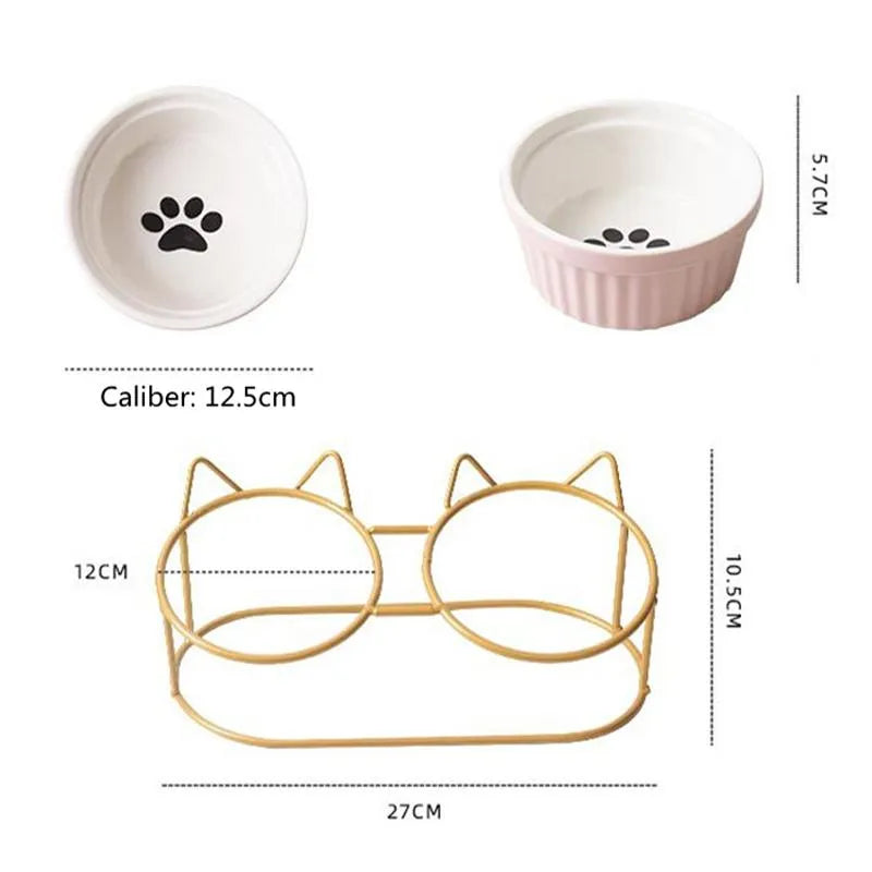 Elevated Metal Frame Ceramic Cat Double Bowls