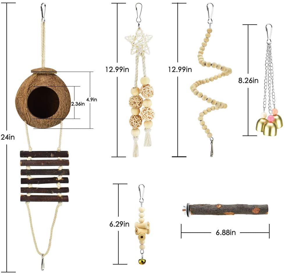 6 Piece Bird Toy Set - Natural Wood Coconut House with Bells and Ladder for Small & Medium