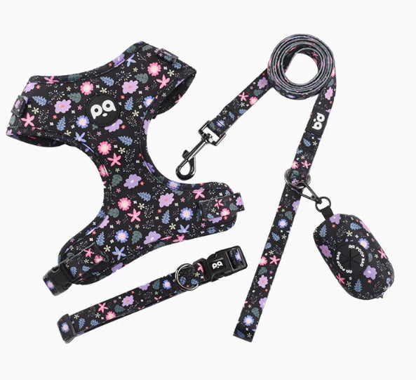4-in-1 Adjustable Pet Harness Set – Soft Harness, Collar, Leash & Poop Bag Holder