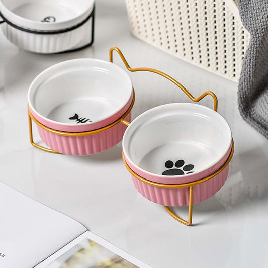 Elevated Metal Frame Ceramic Cat Double Bowls