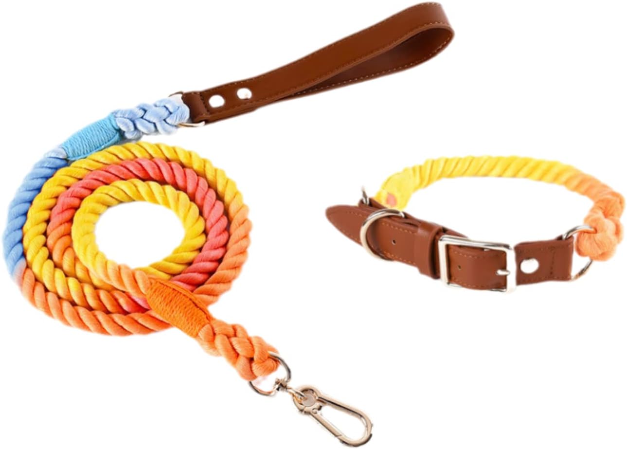 Leather Braided Dog Collar and Cotton Leash Set