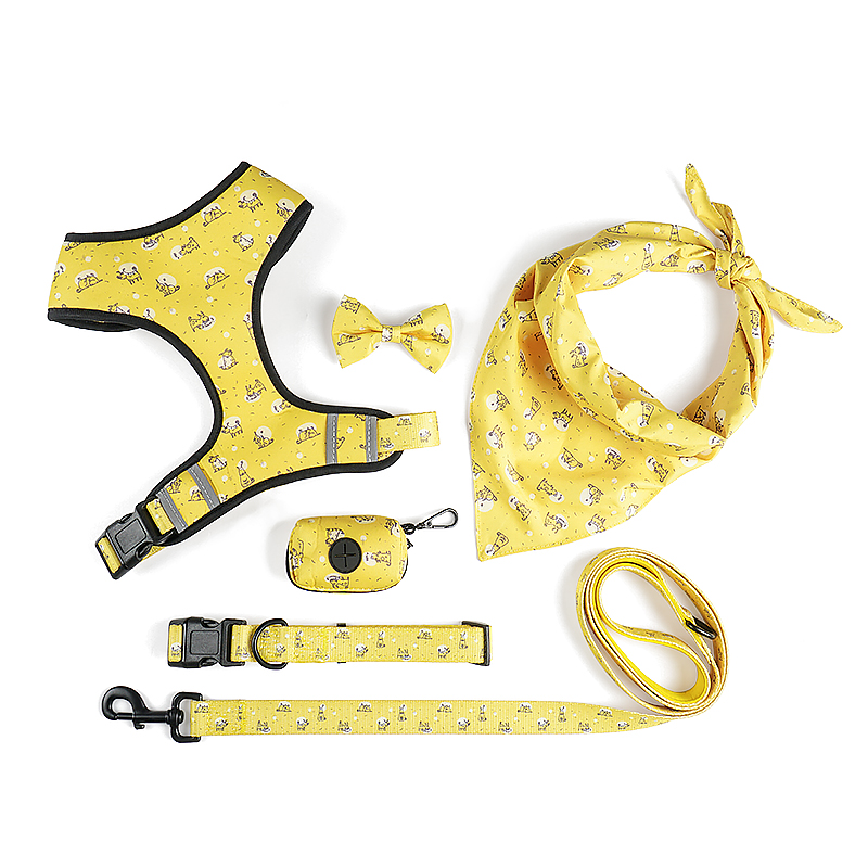 Floral Pattern  Matching 5-piece bundle - Harness Leash Collar Bandana Poop Bag