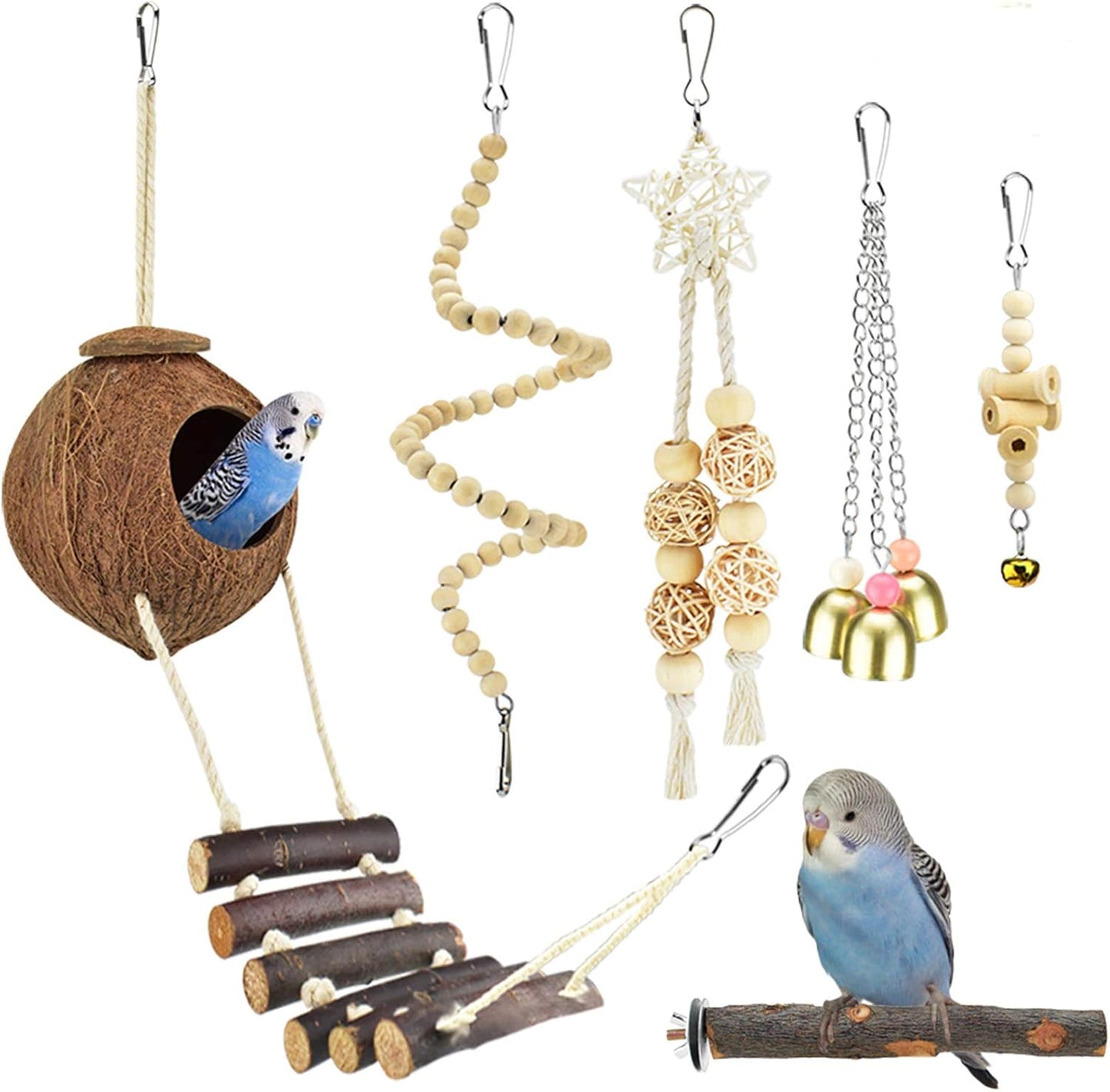 6 Piece Bird Toy Set - Natural Wood Coconut House with Bells and Ladder for Small & Medium