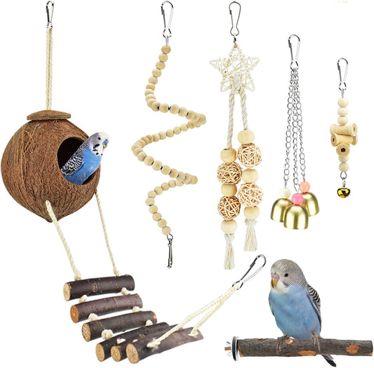 6 Piece Bird Toy Set - Natural Wood Coconut House with Bells and Ladder for Small & Medium