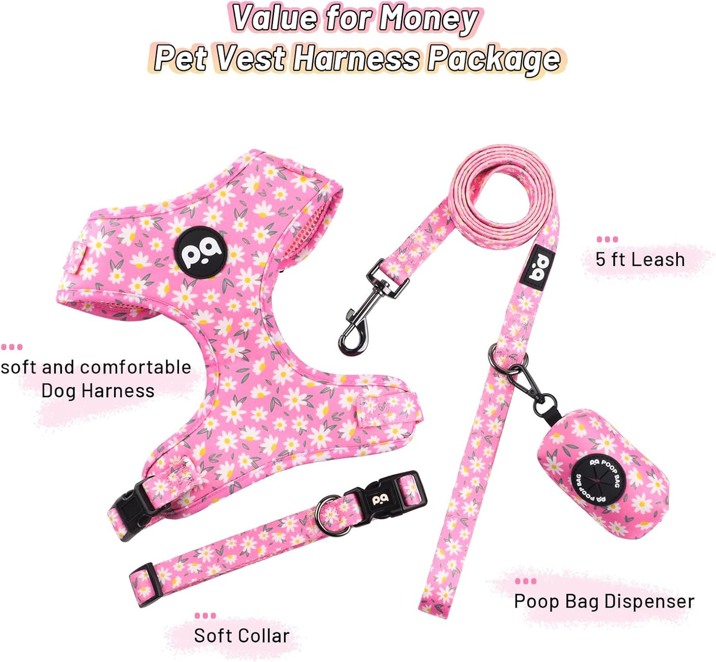 4-in-1 Adjustable Pet Harness Set – Soft Harness, Collar, Leash & Poop Bag Holder