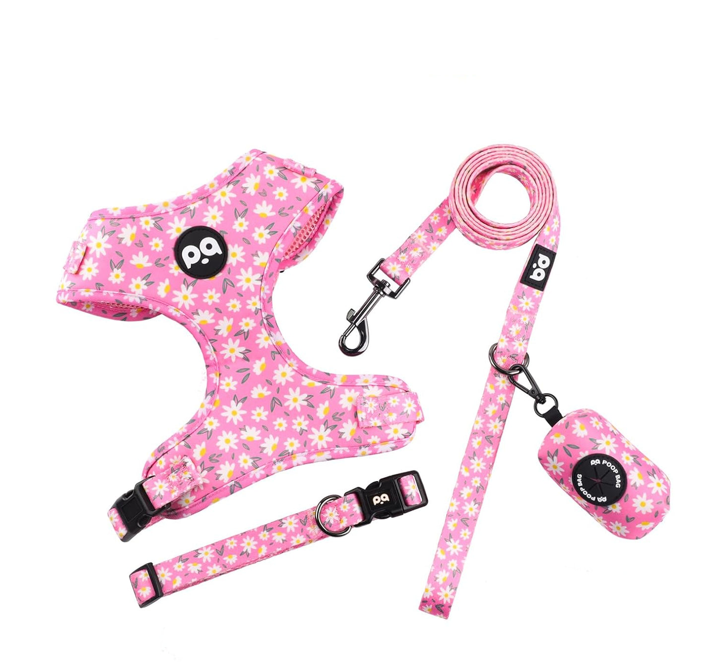 4-in-1 Adjustable Pet Harness Set – Soft Harness, Collar, Leash & Poop Bag Holder