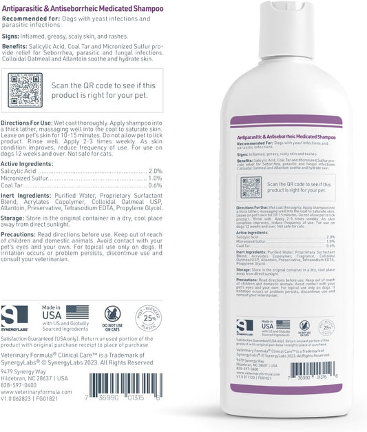 Veterinary Formula Clinical Care Antiparasitic and Antiseborrheic Shampoo for Dogs, 16 oz