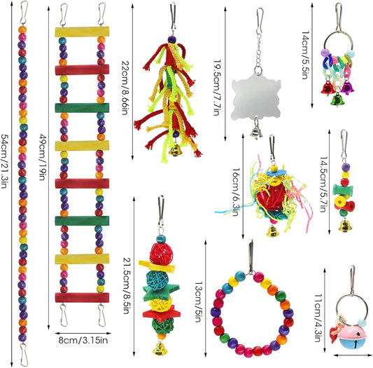 10Pcs Bird Toys Set - Bell Rattan Ball Cotton Rope Stair Hanging Cage Chew Toy for Parrots, Parakeets, Macaws, Cockatiels