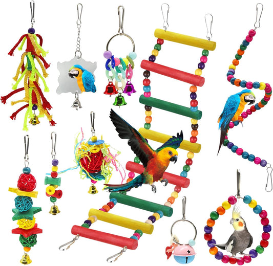 10Pcs Bird Toys Set - Bell Rattan Ball Cotton Rope Stair Hanging Cage Chew Toy for Parrots, Parakeets, Macaws, Cockatiels