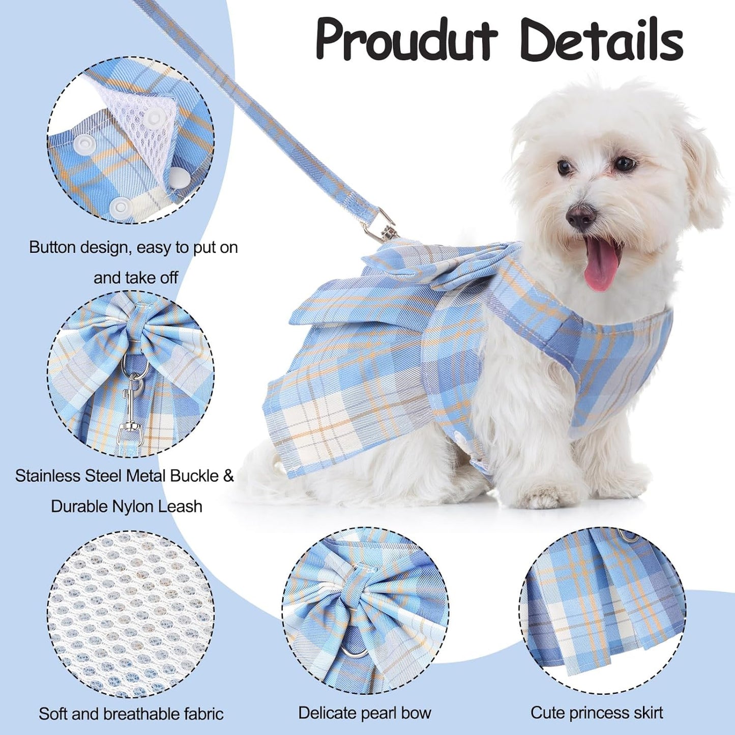 Plaid Harness Dress with Leash for Dogs