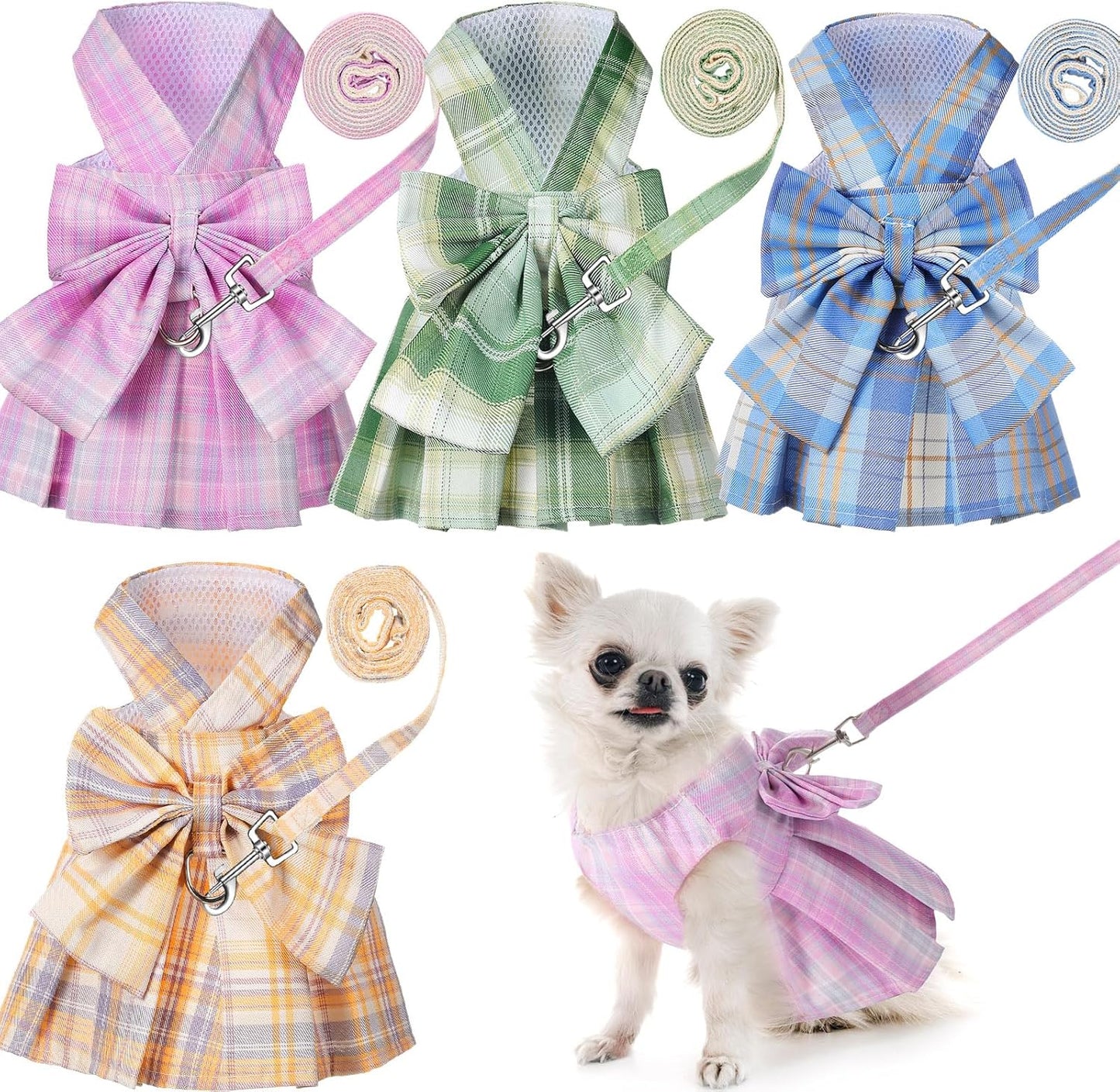 Plaid Harness Dress with Leash for Dogs