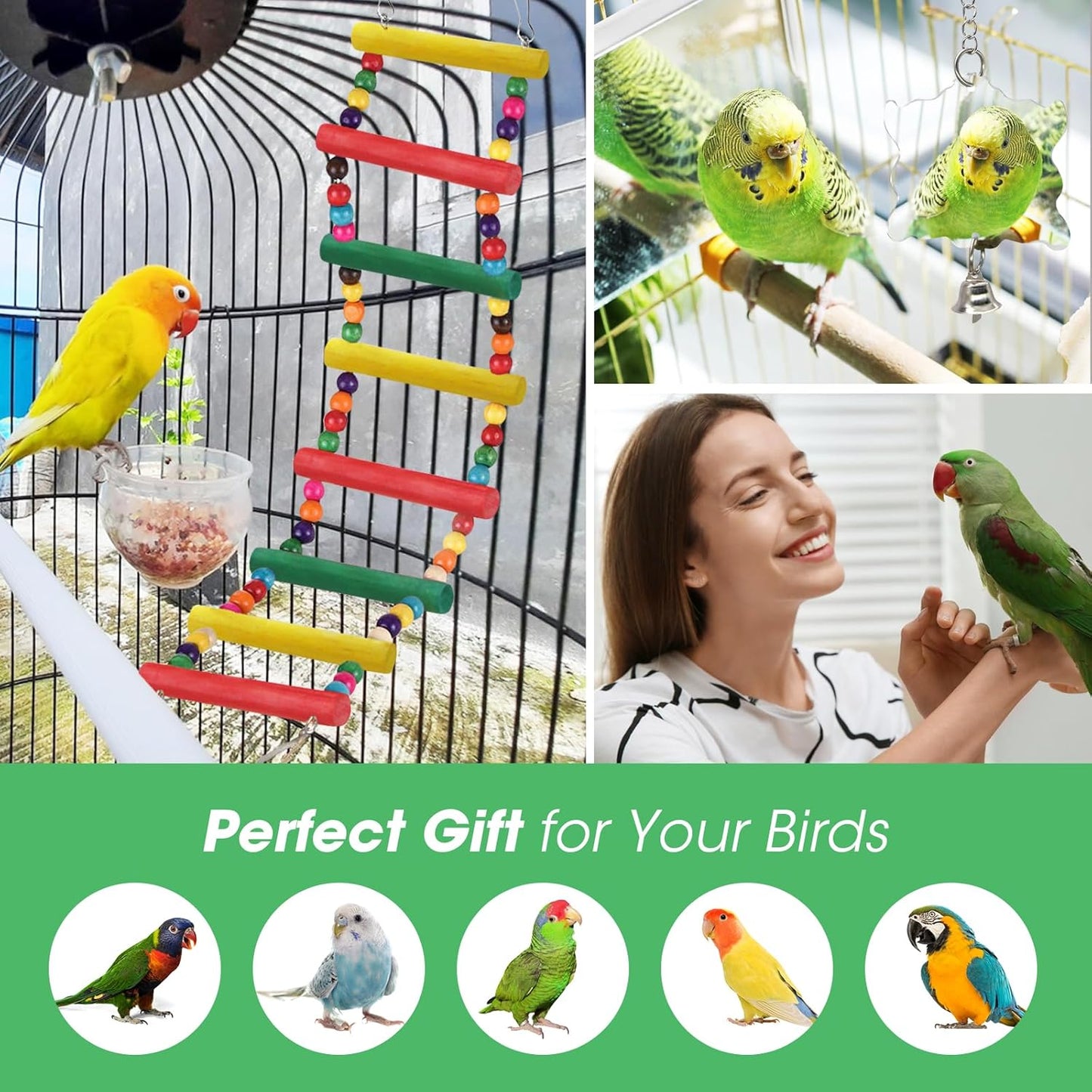 10Pcs Bird Toys Set - Bell Rattan Ball Cotton Rope Stair Hanging Cage Chew Toy for Parrots, Parakeets, Macaws, Cockatiels