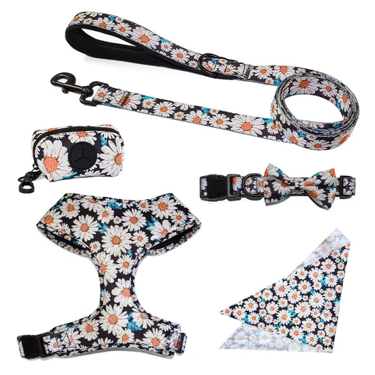 Floral Pattern  Matching 5-piece bundle - Harness Leash Collar Bandana Poop Bag