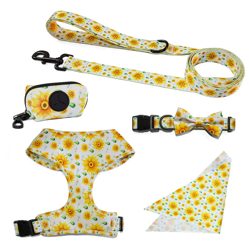 Floral Pattern  Matching 5-piece bundle - Harness Leash Collar Bandana Poop Bag