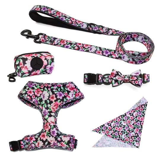 Floral Pattern  Matching 5-piece bundle - Harness Leash Collar Bandana Poop Bag