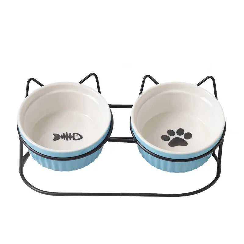 Elevated Metal Frame Ceramic Cat Double Bowls