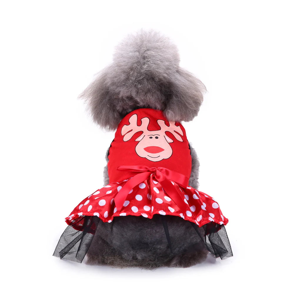 Christmas Reindeer Dog Dress – Red Holiday Skirt for Small Dogs