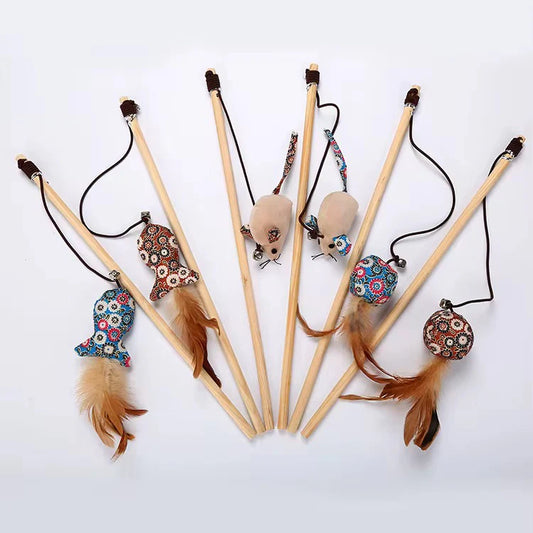 Cute Fish Ball Mouse Feather Wooden Handle Cat Teaser Wand
