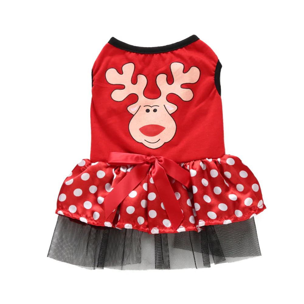 Christmas Reindeer Dog Dress – Red Holiday Skirt for Small Dogs