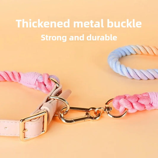 Leather Braided Dog Collar and Cotton Leash Set
