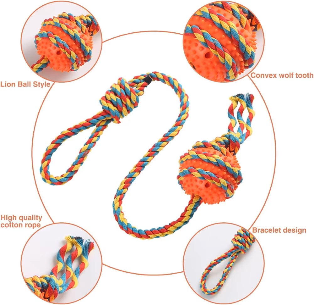 Interactive Tug and Chew Dog Toy with Durable Cotton Rope and Solid Thermoplastic Rubber Ball