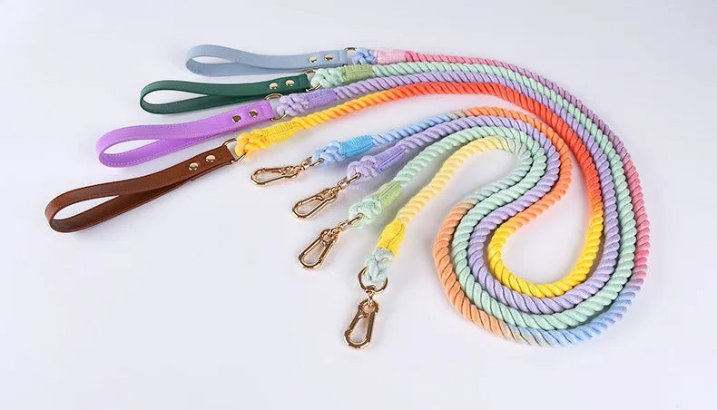 Leather Braided Dog Collar and Cotton Leash Set