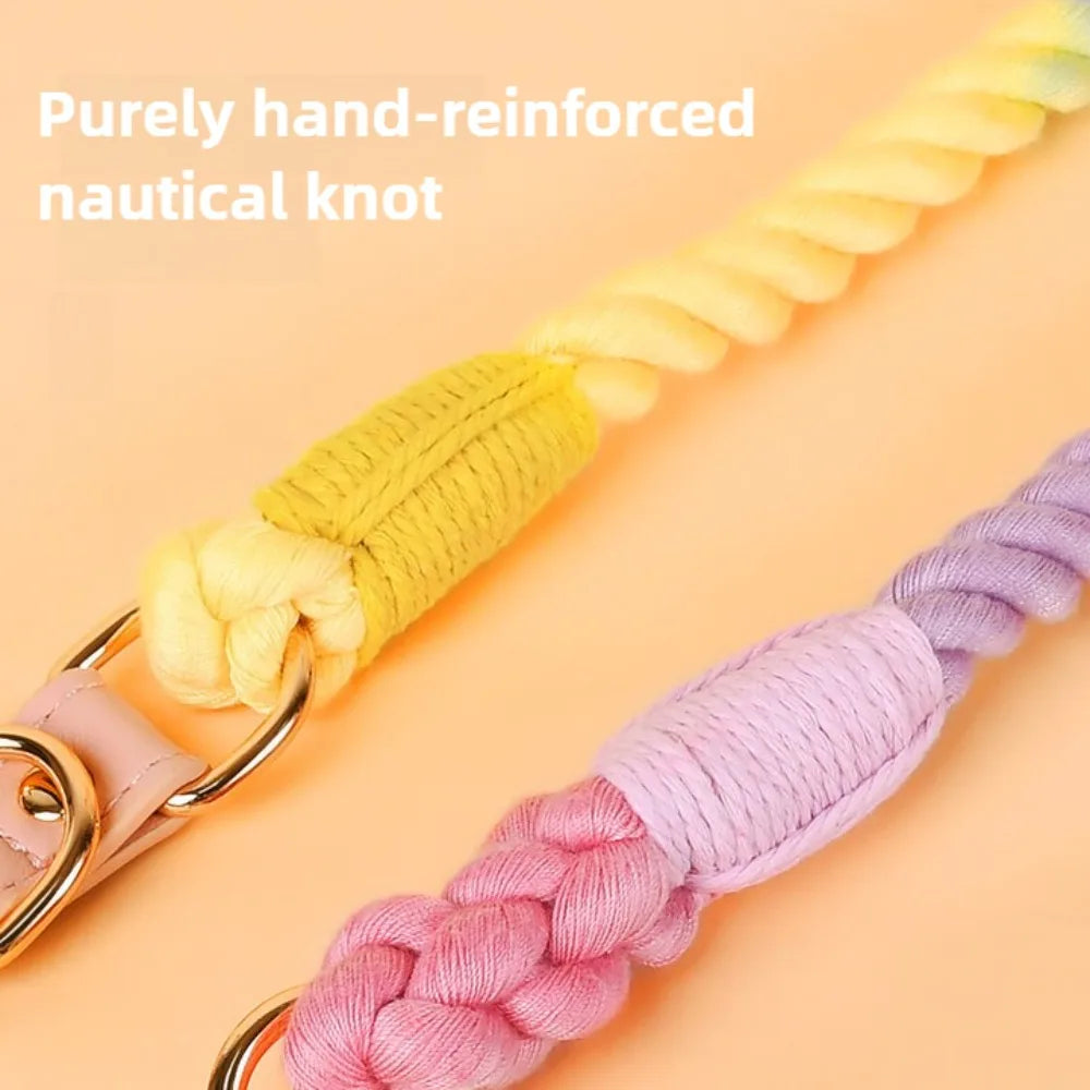 Leather Braided Dog Collar and Cotton Leash Set