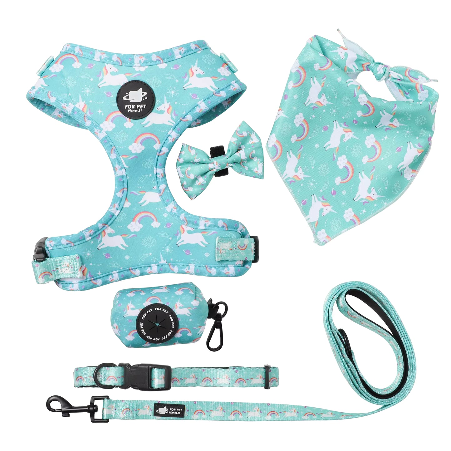 Floral Pattern  Matching 5-piece bundle - Harness Leash Collar Bandana Poop Bag