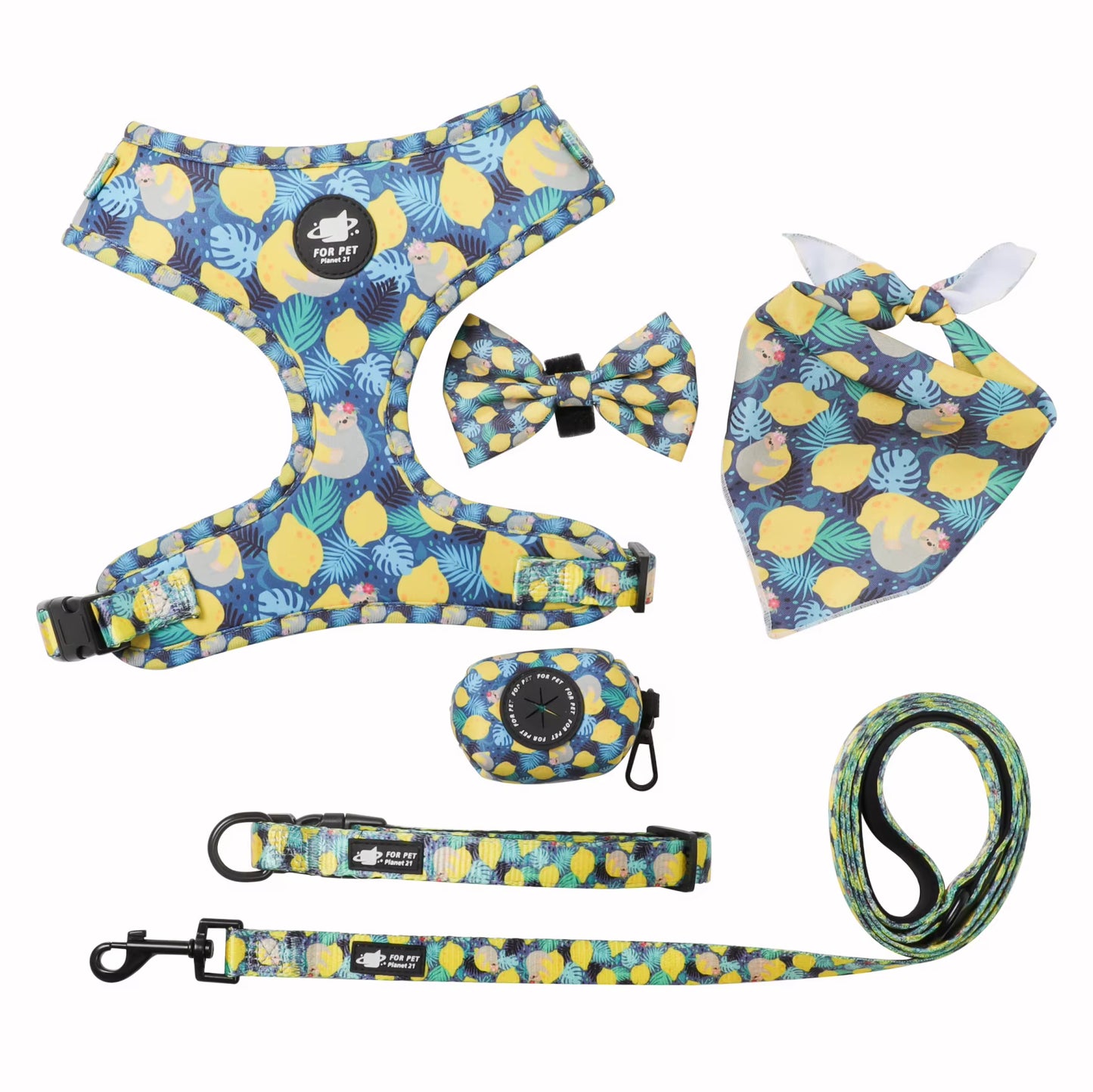 Floral Pattern  Matching 5-piece bundle - Harness Leash Collar Bandana Poop Bag