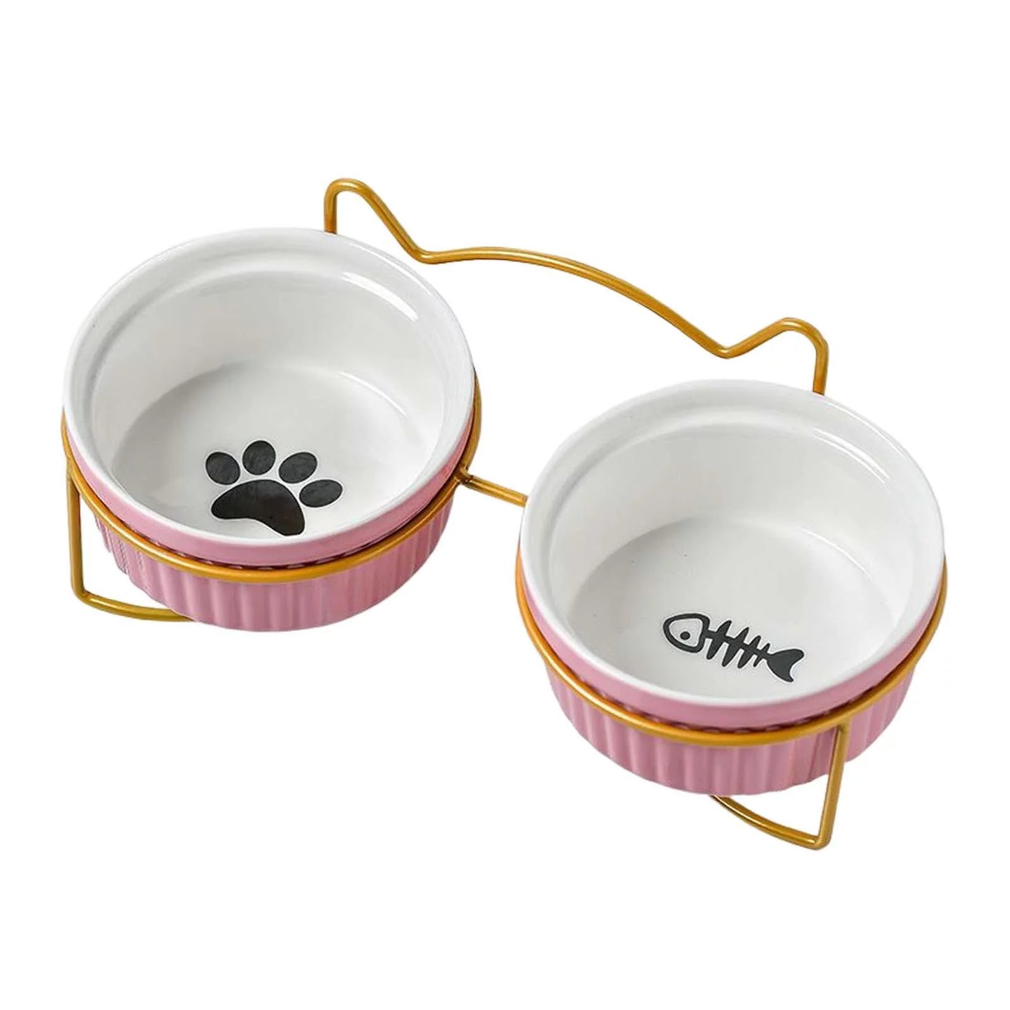 Elevated Metal Frame Ceramic Cat Double Bowls