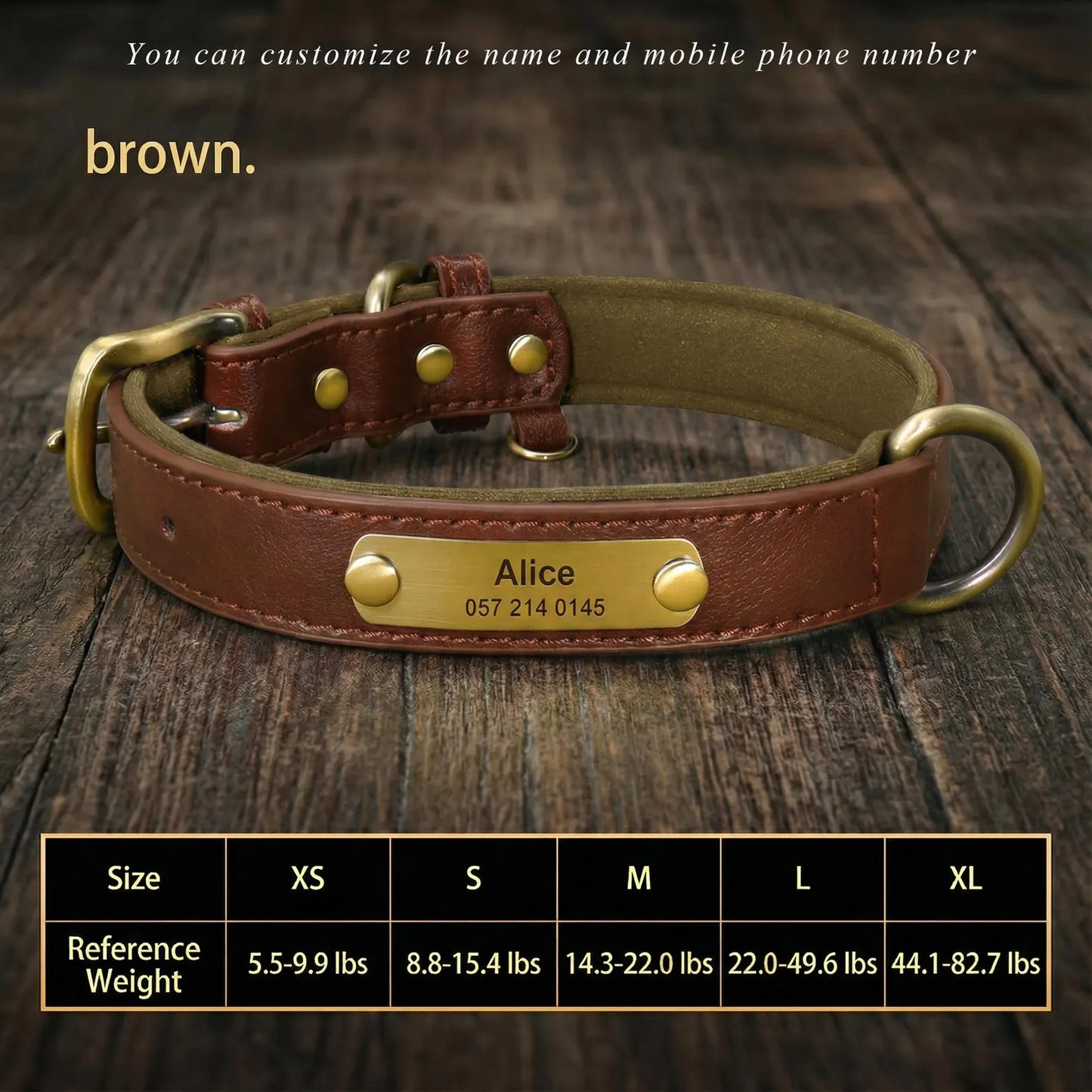 Personalized Engraved Leather Dog Collar with Metal Nameplate