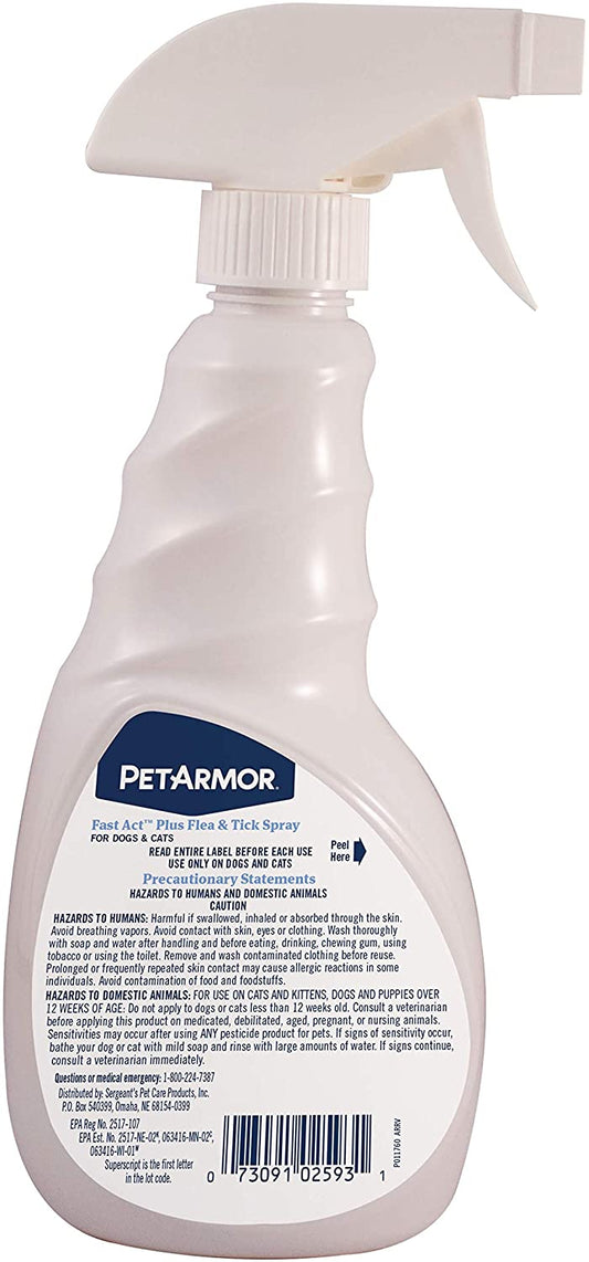 PetArmor Fastact Plus Flea and Tick Spray for Dogs and Cats 16 oz