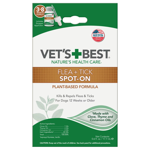 Vet's Best Flea and Tick Spot-on Drops 0.6 fl. oz. | 3-8 Month Supply for Various Dog Sizes
