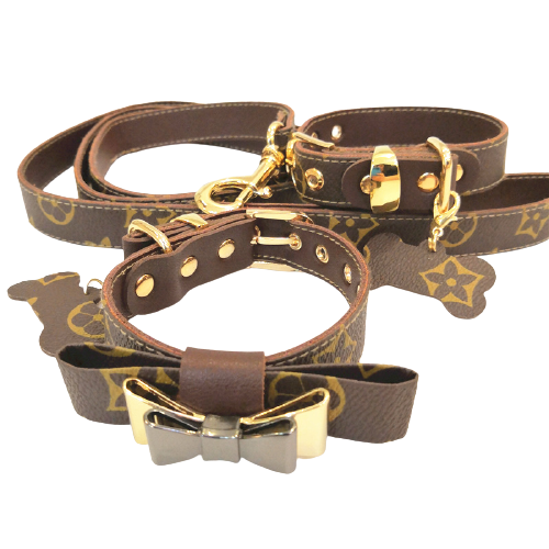 Luxury Louis Pawtton Genuine Leather Bow Tie Collar & Leash Set