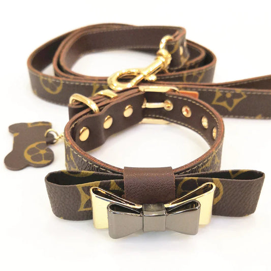 Luxury Louis Pawtton Genuine Leather Bow Tie Collar & Leash Set